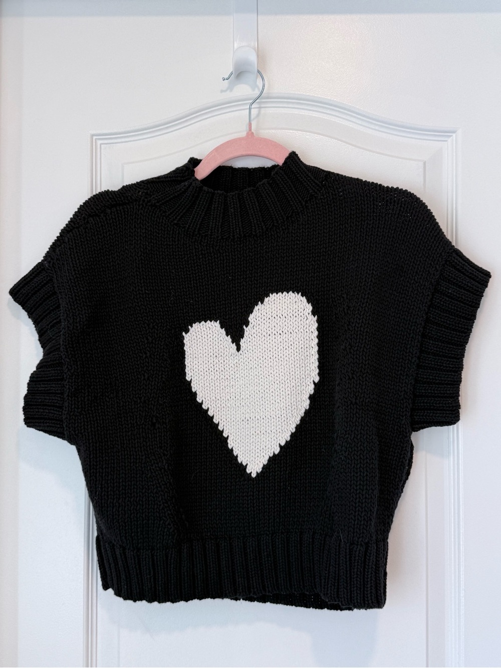 Maeve Mock - Neck Black Heart Knit Short-Sleeve Sweater